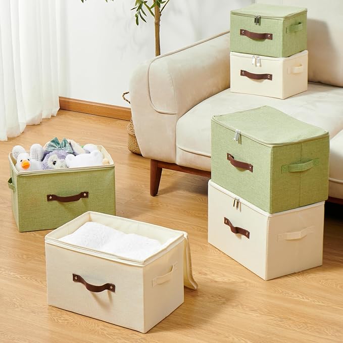 Storage Bins with Zipper Lid Cotton Linen Fabric Lidded Storage Baskets Boxes Foldable Washable Closet Shelf Clothes Organizer Container with PU Leather Handles (Green, Small Size)