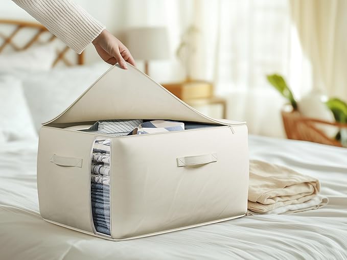 Large Canvas Clothes Storage Bags with Thick Handles and Clear Window, Foldable Cotton Linen Underbed Closet Organizer for Clothing, Blankets and Bedding, 60L, 3 Pack, Beige