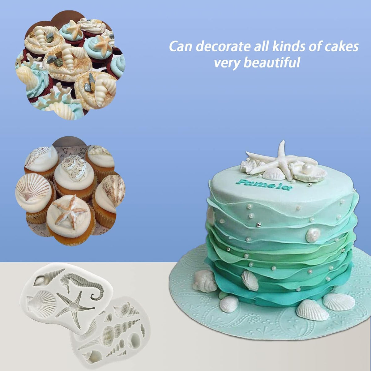 Memovan Marine Theme Silicone Fondant Mold 4pcs Under the Sea Cake Mold Hippocampus Seaweed Sea Fish Crab Coral Conch Sea Shell Silicone Chocolate