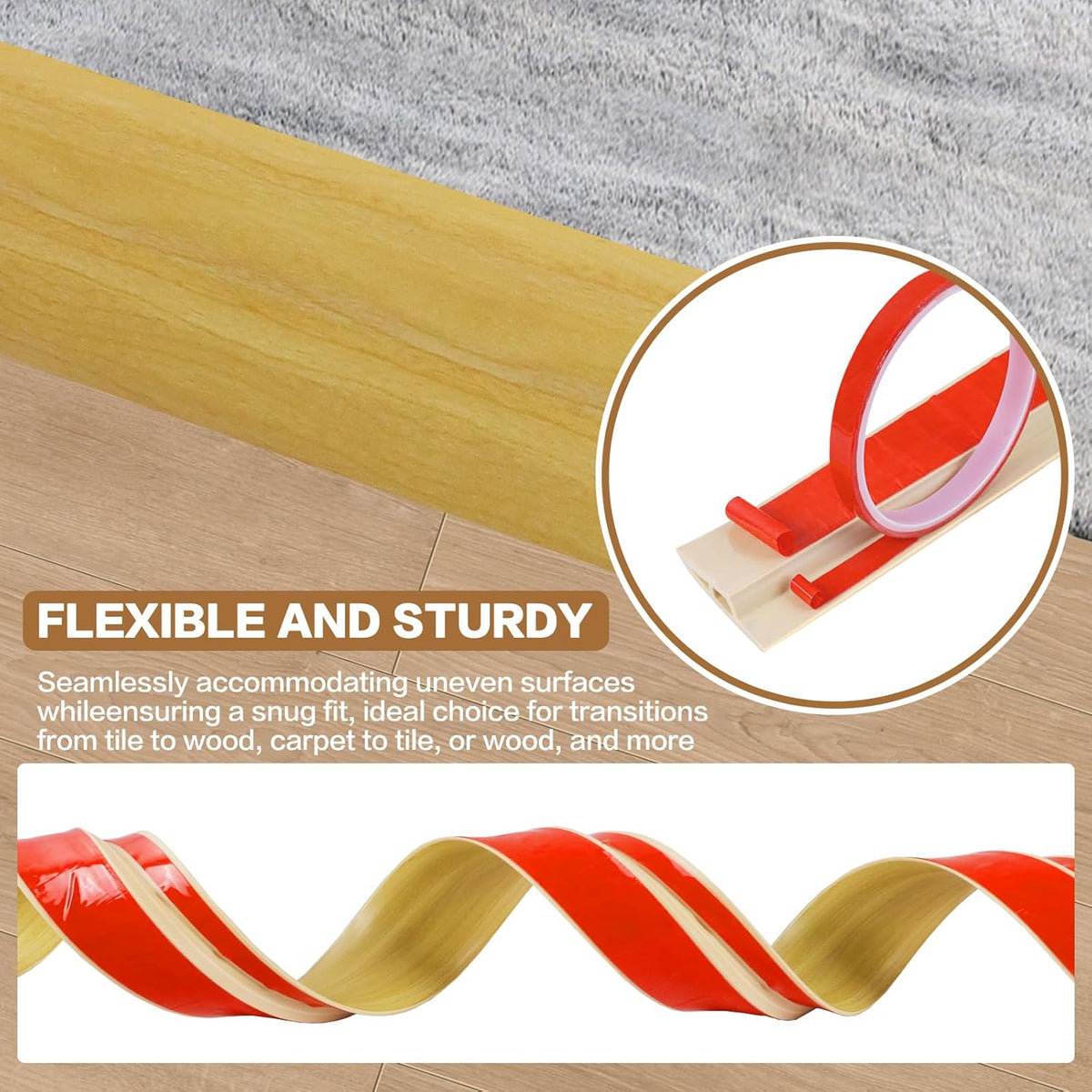 Floor Transition Strip Vinyl Door Threshold Ramp Self Adhesive Carpet Edging Strip Doorway Edge Trim, Overlap Edge Reducer for Laminate Carpet, Floor, Tile (Raw Wood Grain, 3/5" to 4/5", 6.6Ft)