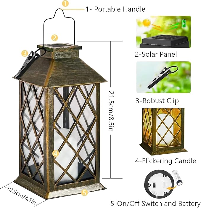 Solar Lanterns Outdoor Waterproof, 2 Pack 9" Glass Hanging Solar Lights with Flickering Flameless Candle, Outdoor Lanterns for Patio Wall Porch Table Garden Yard, Gift for Women Mom - Bronze