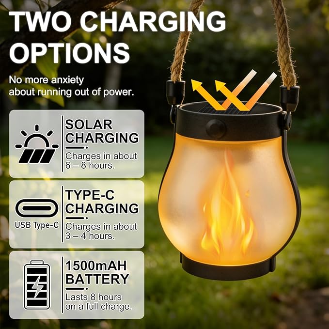 2Pack Solar Lantern Outdoor Lights, Waterproof Garden Lights with 2 Modes Dual Charging USB, Flickering Flame Hanging Lanterns Outdoor for Outside Porch Yard Garden Patio Decor