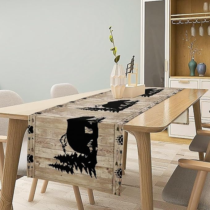 Bear Table Runner, Wild Animals Rustic Cabin Forest Bear Print Wooden Board Table Runner for Dining Kitchen Home 13x108in