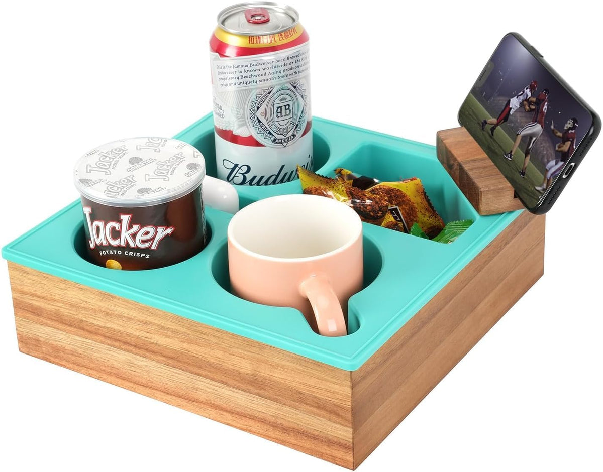 Couch Cup Holder Tray, Handy Soft Silicone Acacia Wooden Couch Caddy for Bed Car Seat Beach Organizer