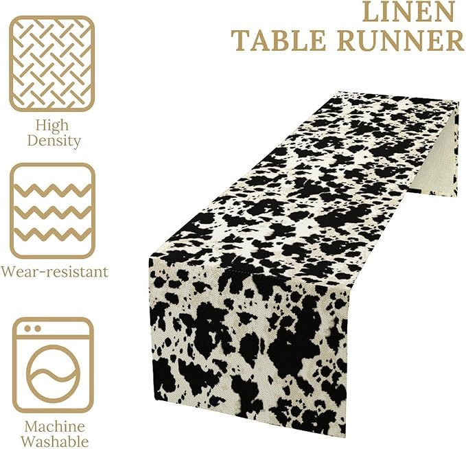 Cow Print Table Runner, Black White Animal Fur Skin Rustic Cowhide Pattern Table Runner for Kitchen Farmhouse Dining Home Outdoor Party 13x108in