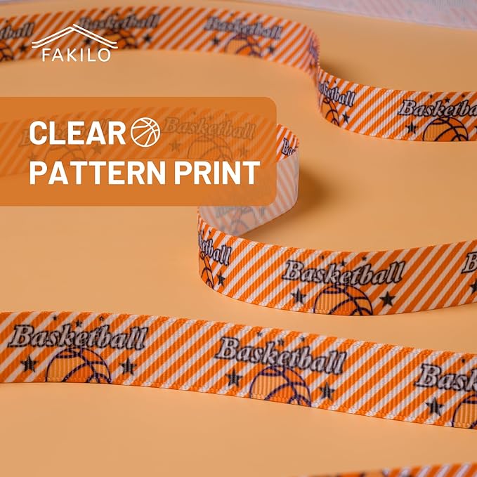 Basketball Ribbons 5 Rolls 20 Yards, 5/8" Cute Basketball Grosgrain Ribbons for Theme Party Decor Gift Wrapping Sewing Crafts Making Hair Tie Cheer Bows and Sport Team Decorations