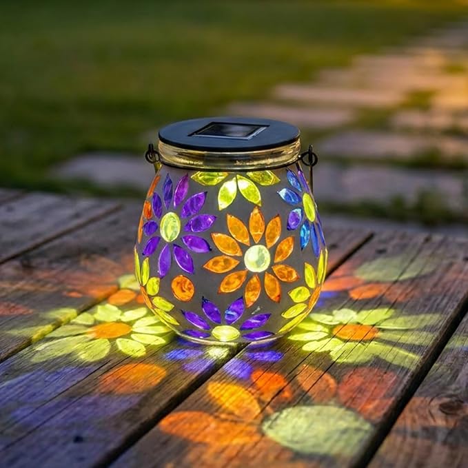 Afirst Mosaic Solar Lanterns Outdoor - Glass Hanging Solar Lights Hollow Out Waterproof Table Lamp Outdoor Decorative for Garden, Patio, Holiday Party Outdoor Decoration