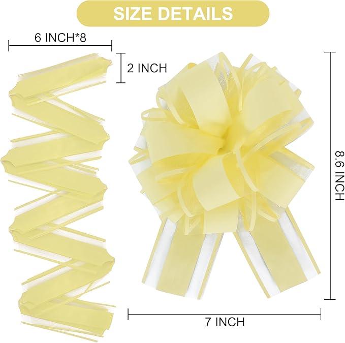 6pcs 7 Inch Pull Bows Pastel Yellow Gift Wrap Bows for Gift Wrapping, Ribbon, Wedding, Christmas, Valentine's Day, Birthday Party Decorations