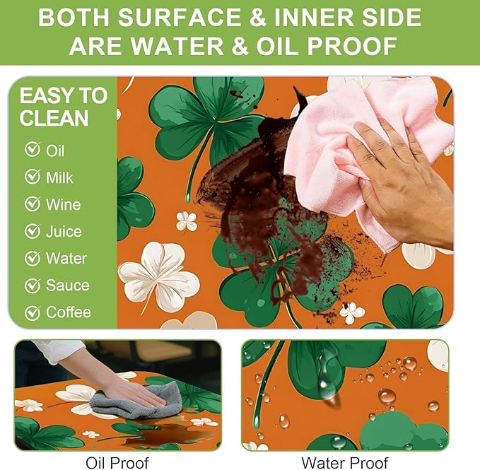 ANNA QUEEN 6FT Four Leaf Clover Orange St. Patrick's Picnic Table Cover with Bench Covers Picnic Table Cover Set 3PCS 72"x30", Outdoor Bench and Tablecloth Furniture Protection