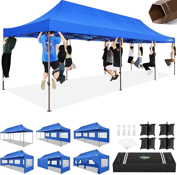 COBIZI 10x30 Pop Up Heavy Duty Canopy with 8 Sidewalls and Hexagonal Legs, Easy up Tent for Party, Wedding and Commercial, Outdoor Canopy with Carry Bag, Waterproof & UPF50+ (Blue)