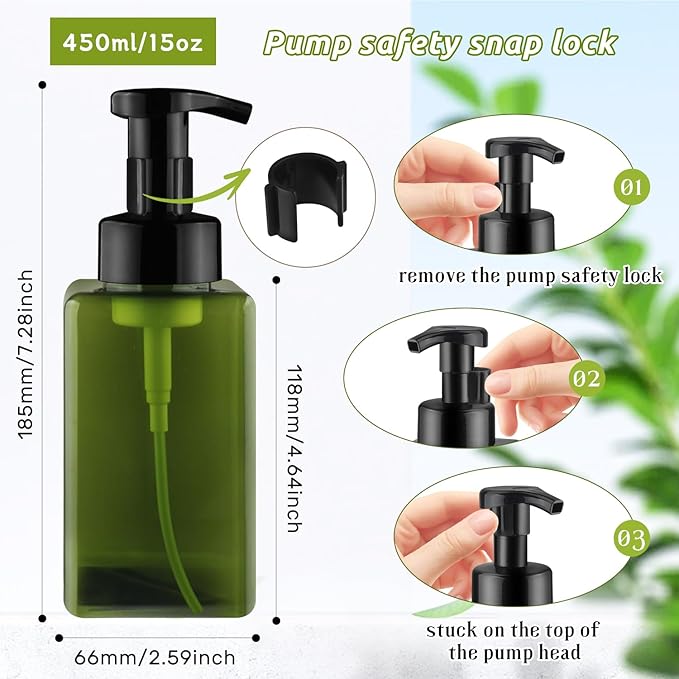 3 Pack Foaming Soap Dispenser Empty Plastic Foam Pump Bottle Refillable Foam Soap Bottle Dispenser for Shampoo Liquid Soap Face Wash (Green, 450ml/15oz)