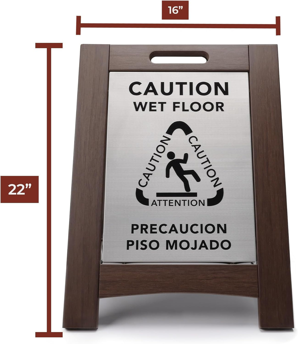 Premium Outdoor Composite Caution Wet Floor Sign – Bilingual w/Non-Skid Plastic Feet, Black Plate – For Hotels, Schools, Offices, Areas, Restrooms, Pool Decks - Brown 2 Pack