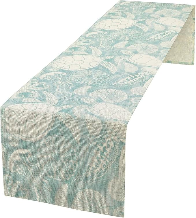 Marine Sea Turtle Table Runner, Ocean Beach Coral Starfish Seashell Table Runner for Kitchen Dining Wedding Party Banquet 13x120in