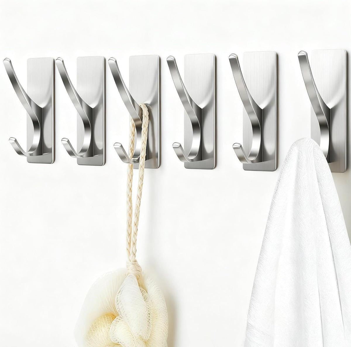 Self Adhesive Coat Hooks for Hanging: Heavy Duty Stainless Wall Hook for Towel, Backpack, Hat, Sturdy Metal Hanger for Bathroom, Bedroom, Door, Brushed Nickel, 6-Pack