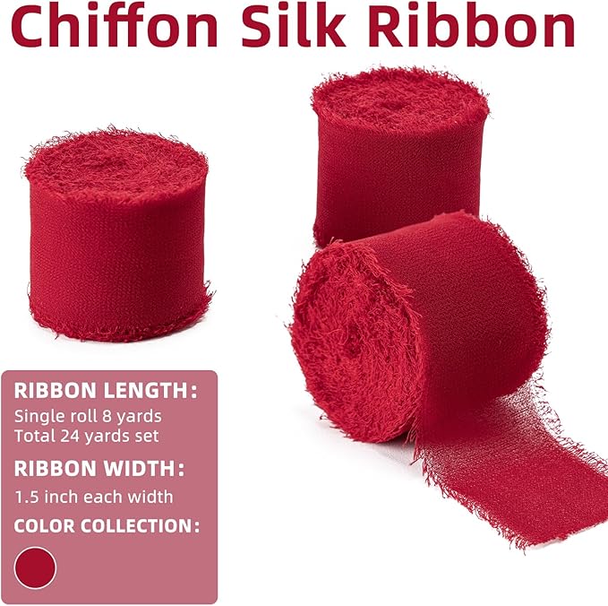 Husfunov Red Handmade Chiffon Ribbon,1.5Inch x 3 Rolls Total 24 Yards Red Fringe Chiffon Silk Ribbon,for Wrapping Wedding Invitations,Bridal Bouquets,DIY Crafts,Home Decor and More
