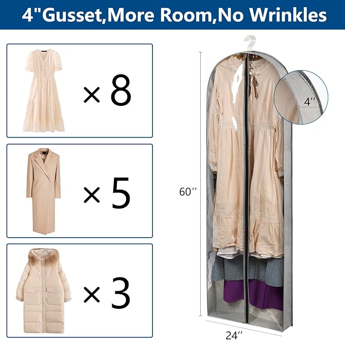 3 Pack 60" Long Garment Bags for Hanging Clothes Storage, Clear Suit Garment Bags with 4" Gussets for Closet Storage Travel, Plastic Protector for Dress Gowns, Coats, Suit, Down Jacket