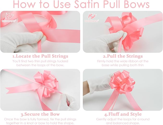 HUIHUANG Pink Bows for Gift Wrapping 12 PCS Pull Bows 4" x 8" Satin Gift Bow for Presents, Gift Basket, Paper Bag, Baby Shower Favors, Wrapping Accessories, Wedding Christmas Decor