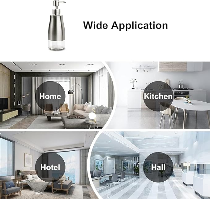AUMIO Soap Dispenser with Non-Slip Silicone Pad, 2 Pack Kitchen Dish Refillable Liquid Dispensers, Hand Soap Dispenser for Bathroom, Stainless Steel Case Glass Liner Hand Pump Dispenser Silver & Black