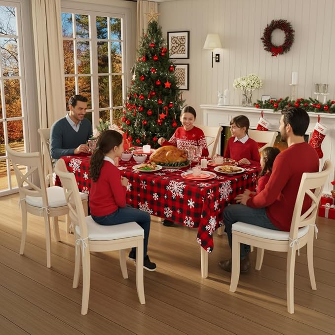 Smiry 3 Pack Gingham Disposable Table Cloth, 54 x 108 Inch Waterproof Plastic Tablecloth, Rectangle Red Checkered Snowflake Table Covers for Christmas, Birthday, Party, Banquet