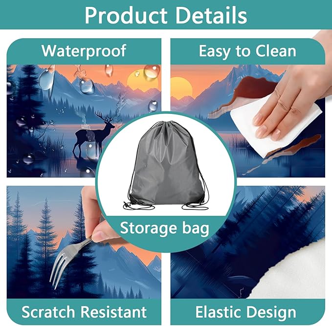 3 PCS Picnic Table Cover with Bench Covers & Storage Bag, Waterproof Fitted Camping Tablecloth with Elastic, 30x72 Inch, Sunset Mountain Lake Deer Forest Print, Indoor Outdoor Patio RV Party Table