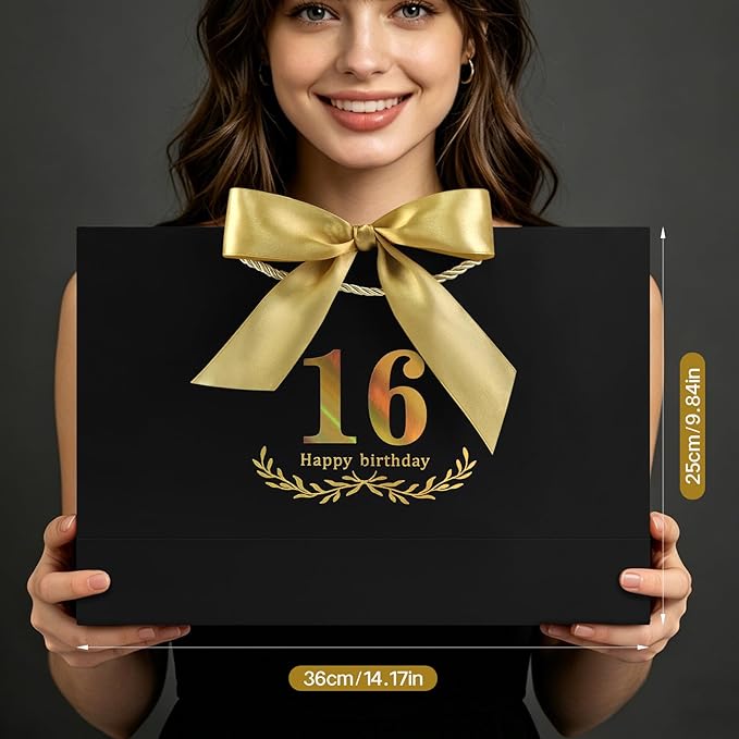 JMANNI Black Gold 16th Birthday Gift Bag with Card and Tissue Paper, 14.2"×9.84"×4.3" Large Present Bag for Teens, 16 Year Old Birthday Keepsake Party Supplies