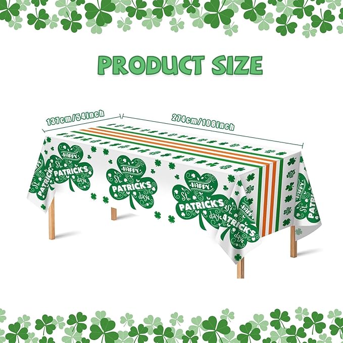 St. Patrick's Day Disposable Plastic Tablecloth 2 Pack, Green Shamrock Party Table Cover 54 x 108 Inch Rectangle, Lucky Irish St Patrick's Day Decorations for Holiday Party Supplies