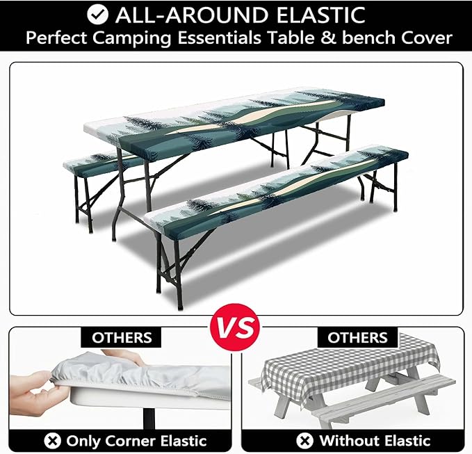 Picnic Table Cover with Bench Covers, Green Blue Camping Tablecloth Waterproof Windproof, Fitted Tablecloth Cover with Elastic Edge, for Indoor & Outdoor, Garden, Camping, 3 Pieces Set, 30x72 Inch