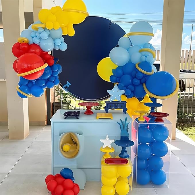 Jobkoo 127 PCS Red Blue Yellow Balloon Garland Arch Kit Cartoon Primary Color Balloons with Gold Circle for Cartoon Theme Carnival Circus Baby Shower Birthday Party Decorations