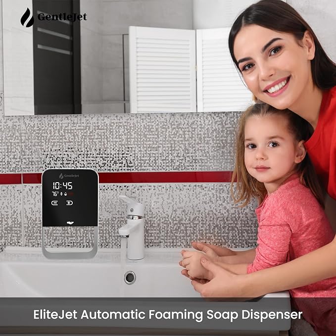 GentleJet EliteJet Automatic Foaming Soap Dispenser – Touchless Sensor, LED Display, 5 Foam Levels, Wall Mount or Countertop, Rechargable USB-C or Battery Powered, Aluminum Alloy, 480 ml Refillable