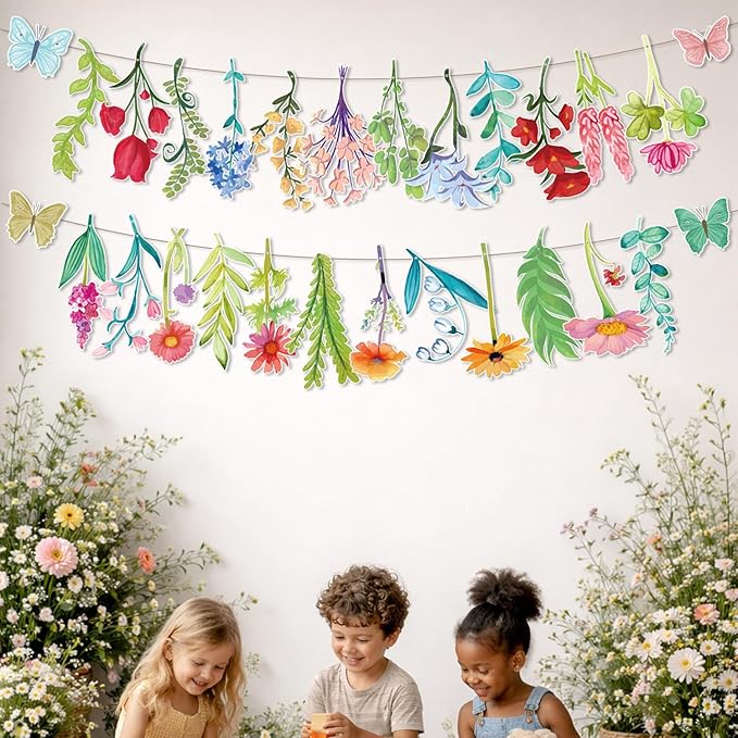 Wildflower Butterfly Party Garland Wedding Party Banner Decorations for Spring Garden Tea Party Birthday Wedding Bridal Baby Shower Supplies