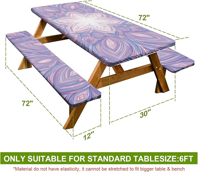 Mandala Picnic Table Cover with Bench Covers Set of 3-Purple White Ethnic Pattern,Elastic Fitted Tablecloth for 6 Ft Tables, Washable Polyester Cover for Camping, Indoor & Outdoor