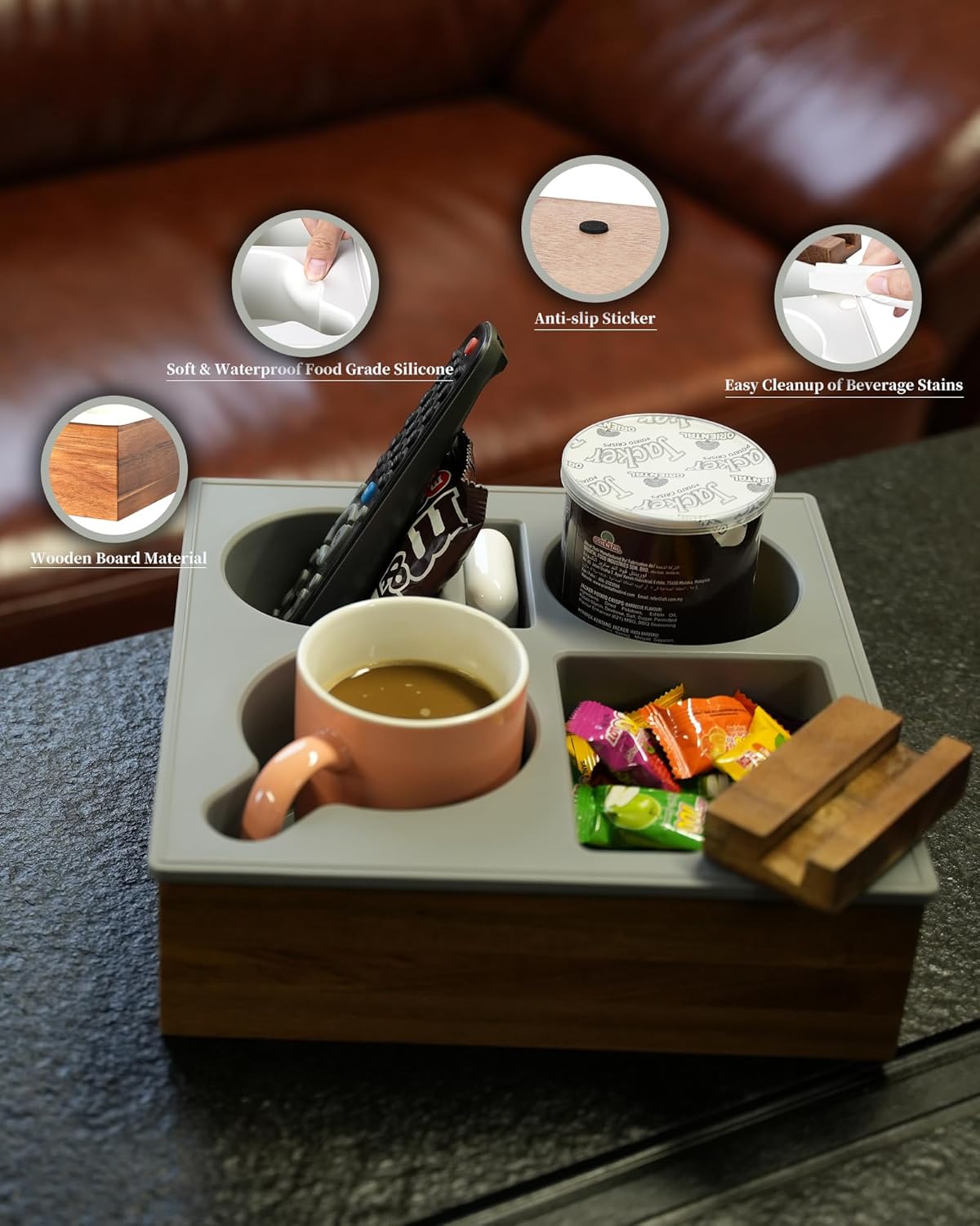Couch Cup Holder Tray, Handy Soft Silicone Acacia Wooden Couch Caddy for Bed Car Seat Beach Organizer