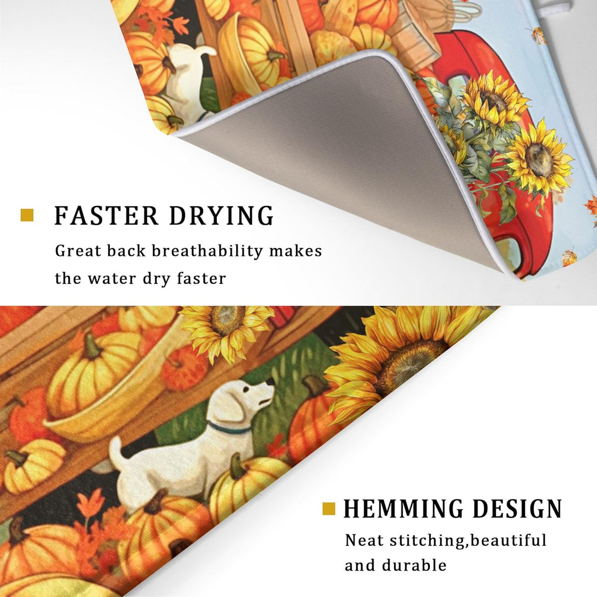Autumn Pumpkin Red Truck Dish Drying Mat for Kitchen Counter,Fall Leaves Sunflower Cue Dog Harvest Drying Mat 18 x 24 Inch Microfiber Dish Drying Pad
