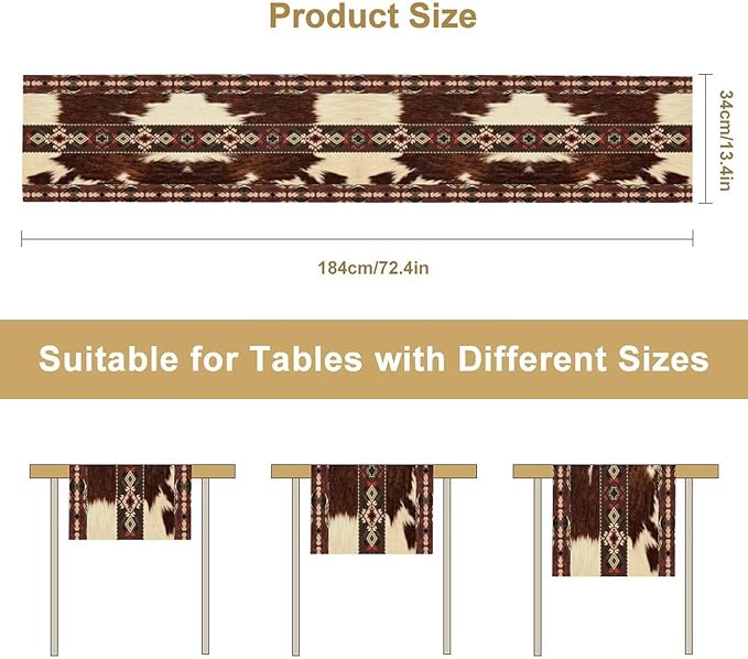 Cowhide Table Runner, Brown Cow Western Exotic Aztec Wild Animals Skin Table Runner for Kitchen Farmhouse Dining Home Outdoor Party 13x36in