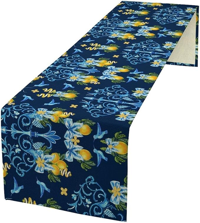 Lemon Fruit Table Runner Nature Bow Farmhouse Talavera Ethnic Folk Rustic Birds Aesthetic Dining Table Decoration for Home Holiday Party Dresser Kitchen Cabin Restaurant Wedding Decor 13×90in