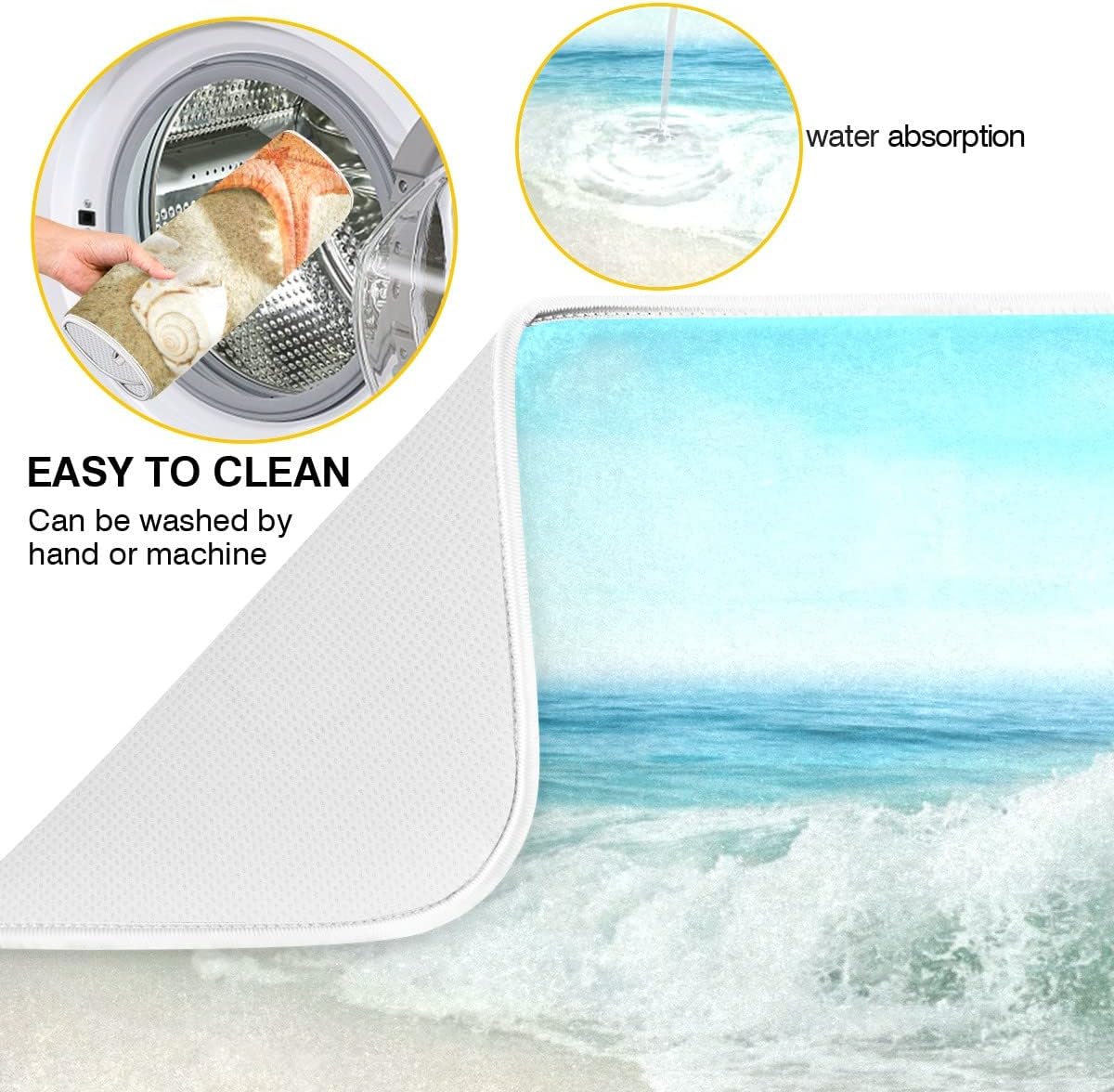 Summer Beach Dish Drying Mat 18 x 24 Inch Sea Wave Shells Starfish Drying Mat with High Absorbent Reversible Microfiber Kitchen Mat Dish Rack Pad