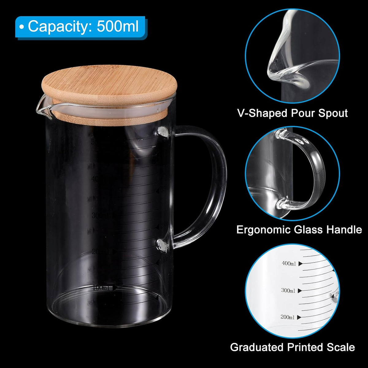 Patikil 500ml Glass Measuring Cup, 3.3 Borosilicate Glass Graduated Black Printed Scale Liquid Measure Cups Beaker with Wood Lid and V-Shaped Spout