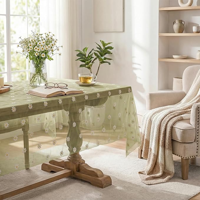 Horaldaily Sage Green Embroidery Daisy Spring Summer Gauze Tablecloth 60×120 Inch Rectangular, Seasonal Tulle Table Cover, Garden Party Decorations for Wedding, Party, Holiday Dining