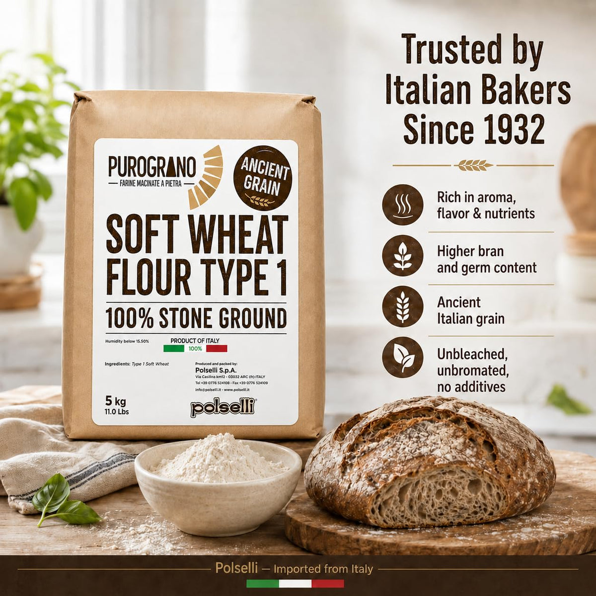 POLSELLI PuroGrano, 100% Stone Ground, Type 1 Soft Wheat Flour, 5 kg | Ancient Italian Grain For Sourdough Bread And Artisan Baking, Unbleached, Unbromated, No Additives, Product Of Italy.