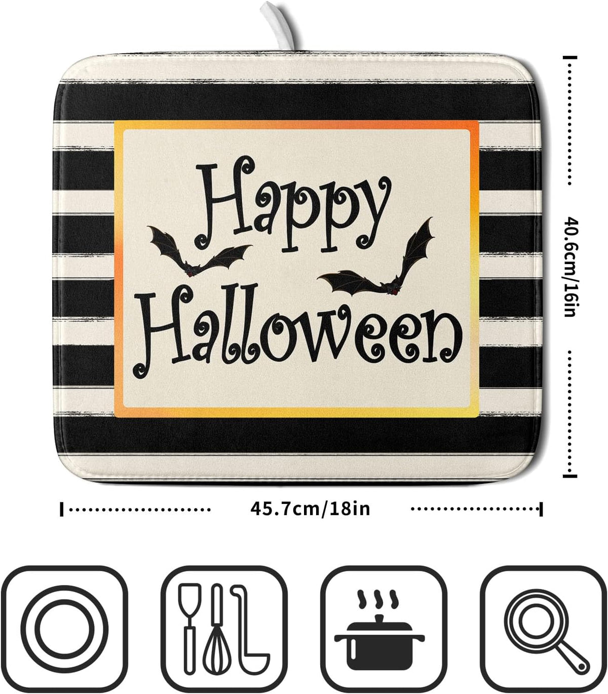 Happy Halloween Bats Dish Drying Mat for Kitchen Counter,Black and White Stripe Drying Mat 16 x 18 Inch with High Absorbent Microfiber Dish Drying