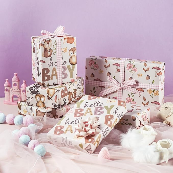 WRAPAHOLIC Kraft Baby Shower Wrapping Paper - Mini Roll - 3 Rolls - 17 Inch x 120 Inch - Little Woodland Animal Wrapping Paper for Baby Shower, Kids Girls Boys Birthday