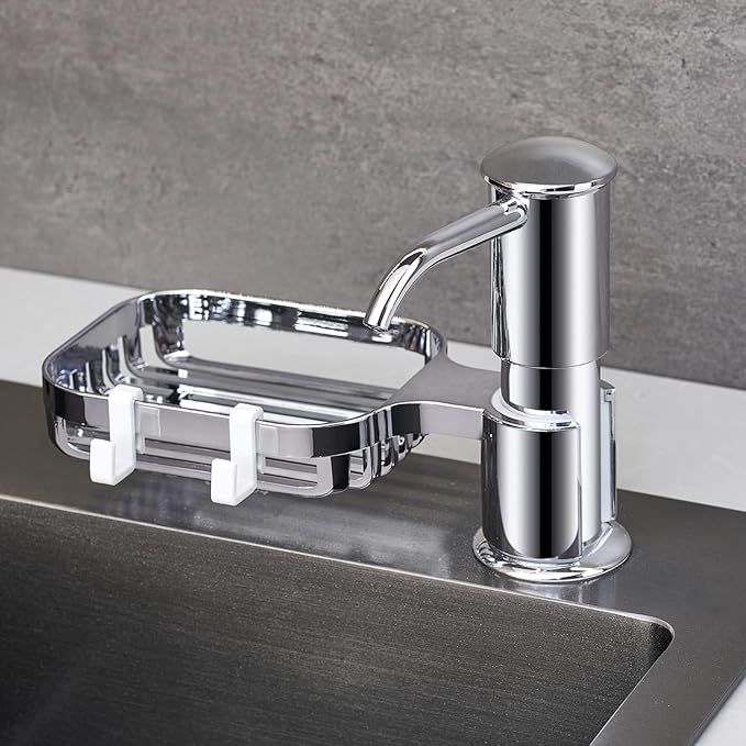 Sink Soap Dispenser with Sponge Holder, Built in Soap Dispensers for Kitchen Sink, Countertop Kitchen Sink Soap Dispenser with 39" Extension Tube Kit ABS Plastic, No More Refills, Chrome