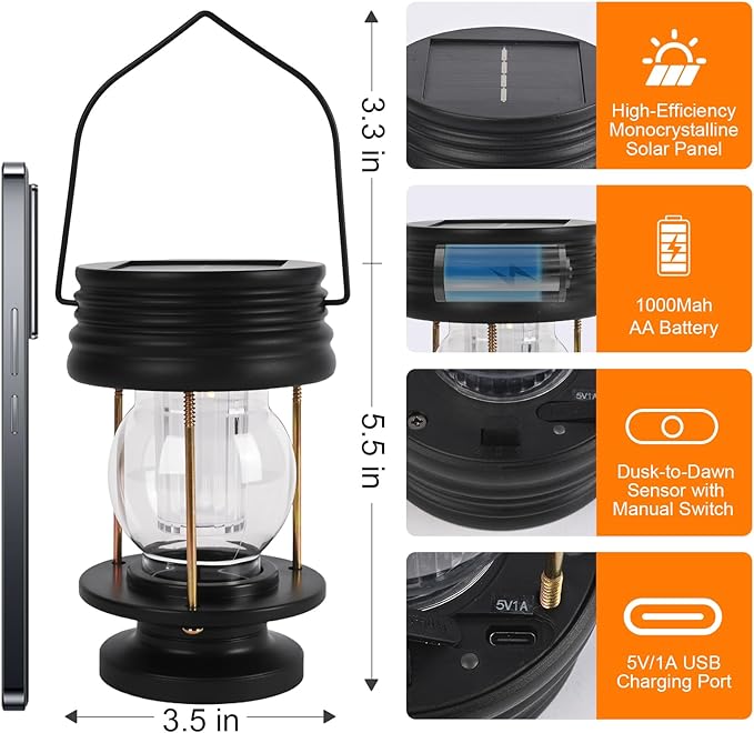 Solar Lanterns Outdoor Hanging Lights Patio Decor, Upgraded Dual Solar & USB Charging, Adjustable Light Sensor, Retro Decorative Table Lamp Waterproof, Indoor Outdoor Garden Patio Yard Decoration