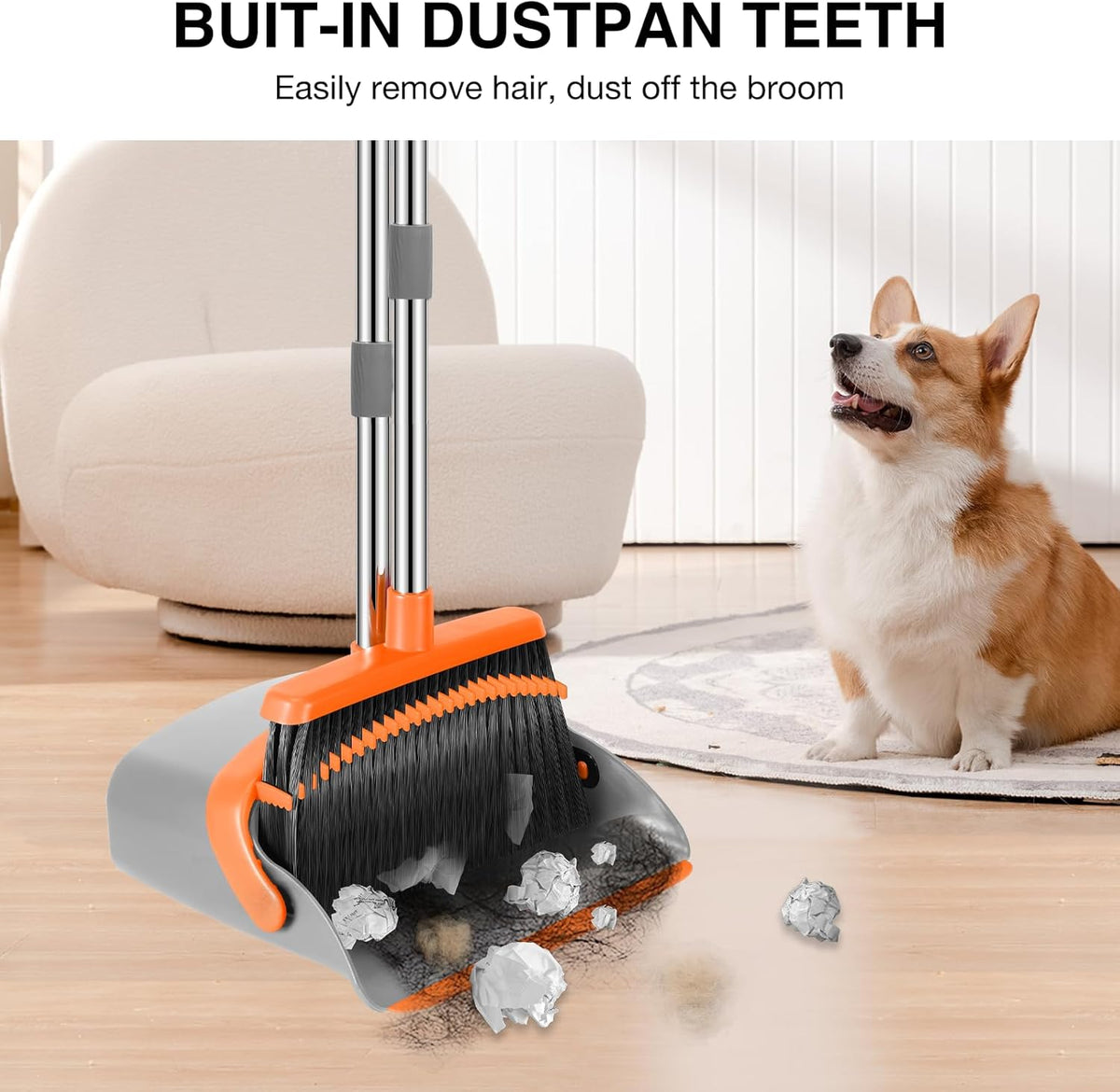 NACENA Broom and Dustpan Set, 52-in Long Adjustable Handle Broom Dustpan Combo with Dustpan Teeth to Automatically Clean Hair Suitable for Home Kitchen Office Hall Floor (Grey&Orange), 4 Pack