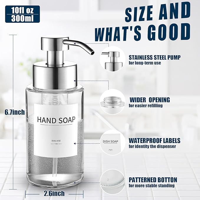 Glass Foaming Hand Soap Dispenser, 10 oz Easy Refill Glass Soap Dispenser, Foam Dispenser with Stainless Steel Pump & Waterproof Labels, Clear Foam Soap Bottle for Bathroom Countertop