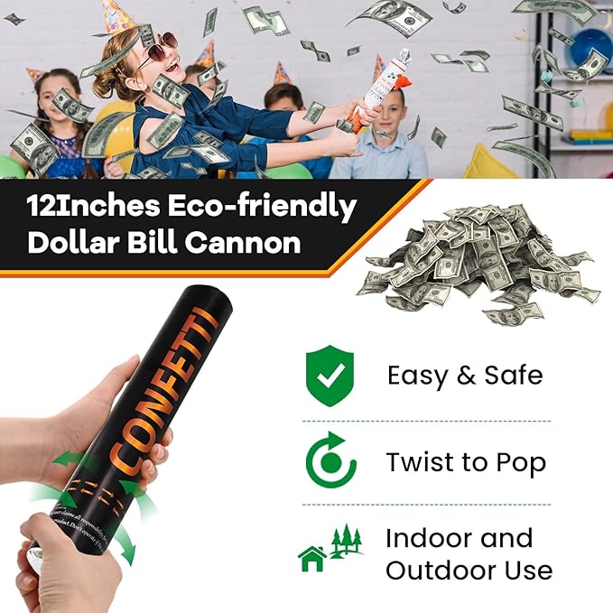Money Confetti Cannon 12Pack Biodegradable 100 Dollar Bill Money Confetti 12inch Party Poppers for Celebration Opening Activities Birthday Graduation Business Signing