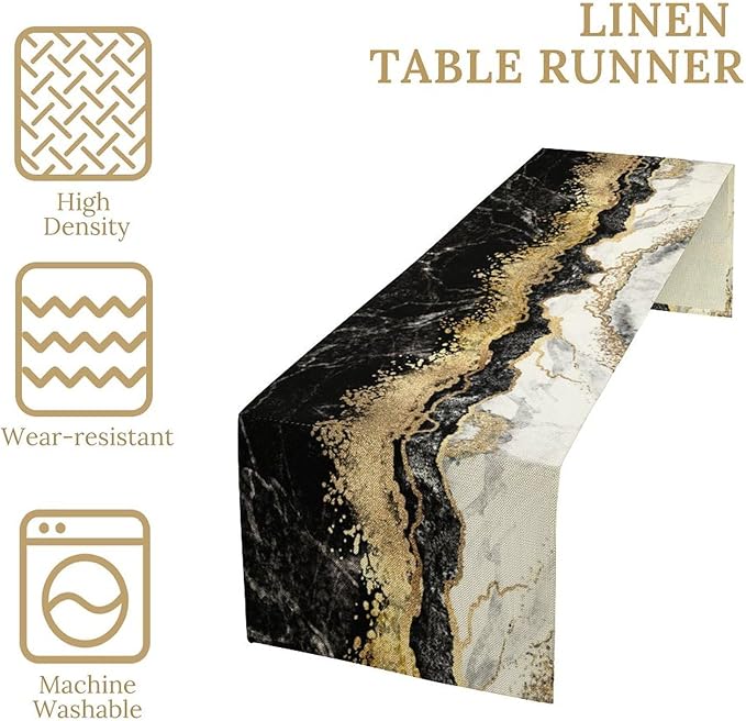 Marble Table Runner, Ink Golden Marble Texture Table Runner for Kitchen Wedding Farmhouse Indoor Outdoor Home Party 13x36in