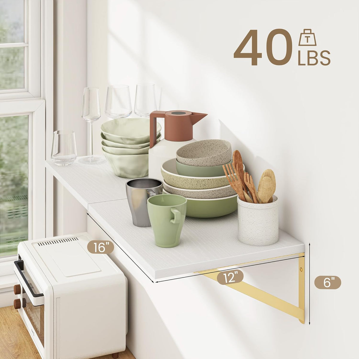 Dreamland Gold Floating Shelves for Wall, Gold Wall Shelf, Large Floating Shelf 12 * 16 inch Set of 2 for Bookshelf Living Room Bedroom Home Office