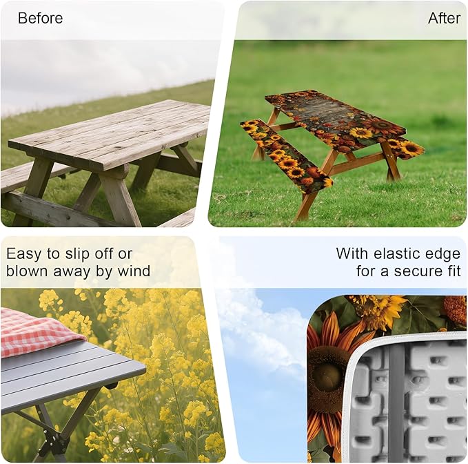 ANNA QUEEN 6FT Sunflower Picnic Table Cover Set 3PCS 72"x30", Waterproof Outdoor Bench and Tablecloth Furniture Protection for Camping Beach BBQ Patio Backyard (Sunflower Farm)