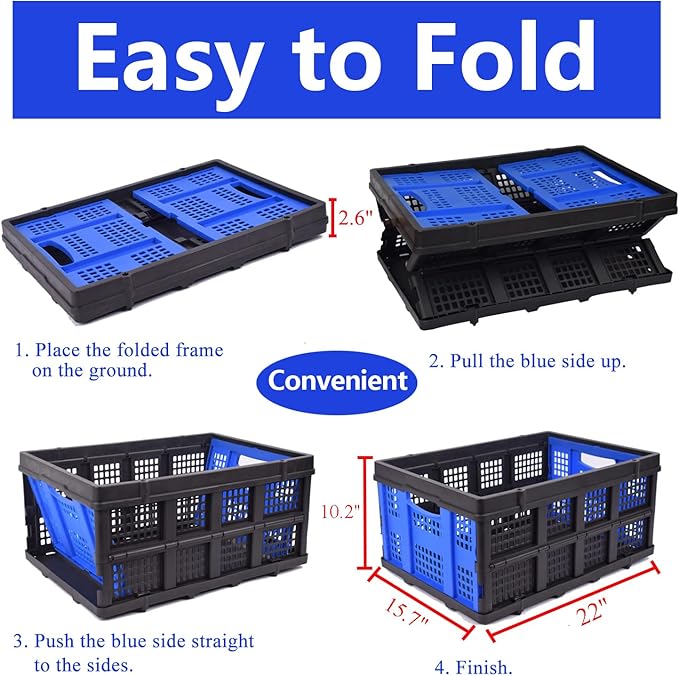 Collapsible Storage Crate 22L x 15W x 10.7H Inch - Foldable and Stackable Plastic Bin, 1.73 Cu Ft Folding Basket for Car Trailer Garage and Home – 2 Pack